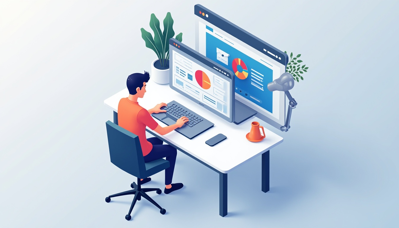 Proces de creare site de prezentare cu elemente de web design și laptop