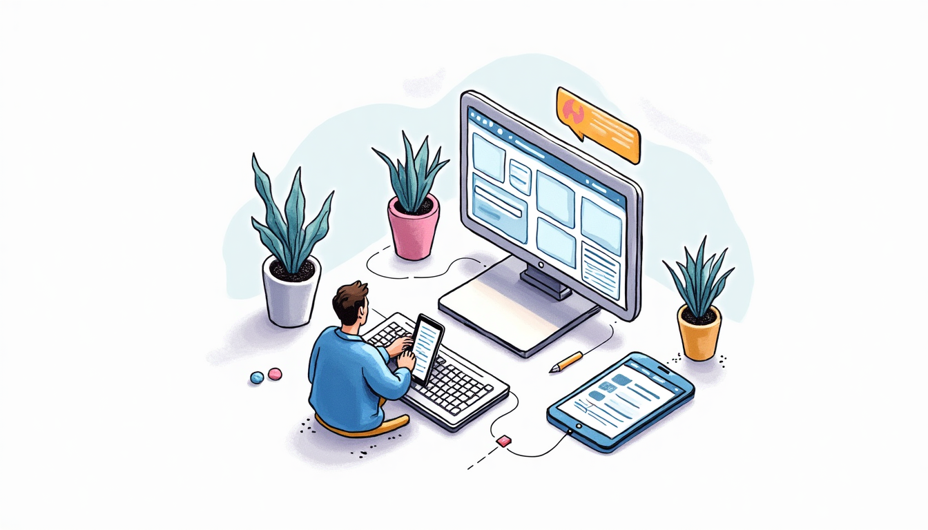 O echipă de experți în dezvoltare web lucrează la un proiect de creare website profesional, cu elemente de design și cod