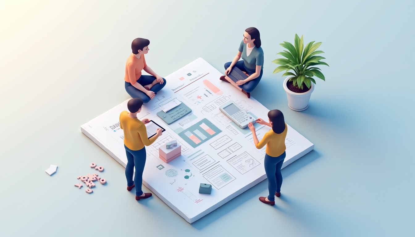 Ilustrație cu servicii creare site, arătând laptopuri și elemente de design web.