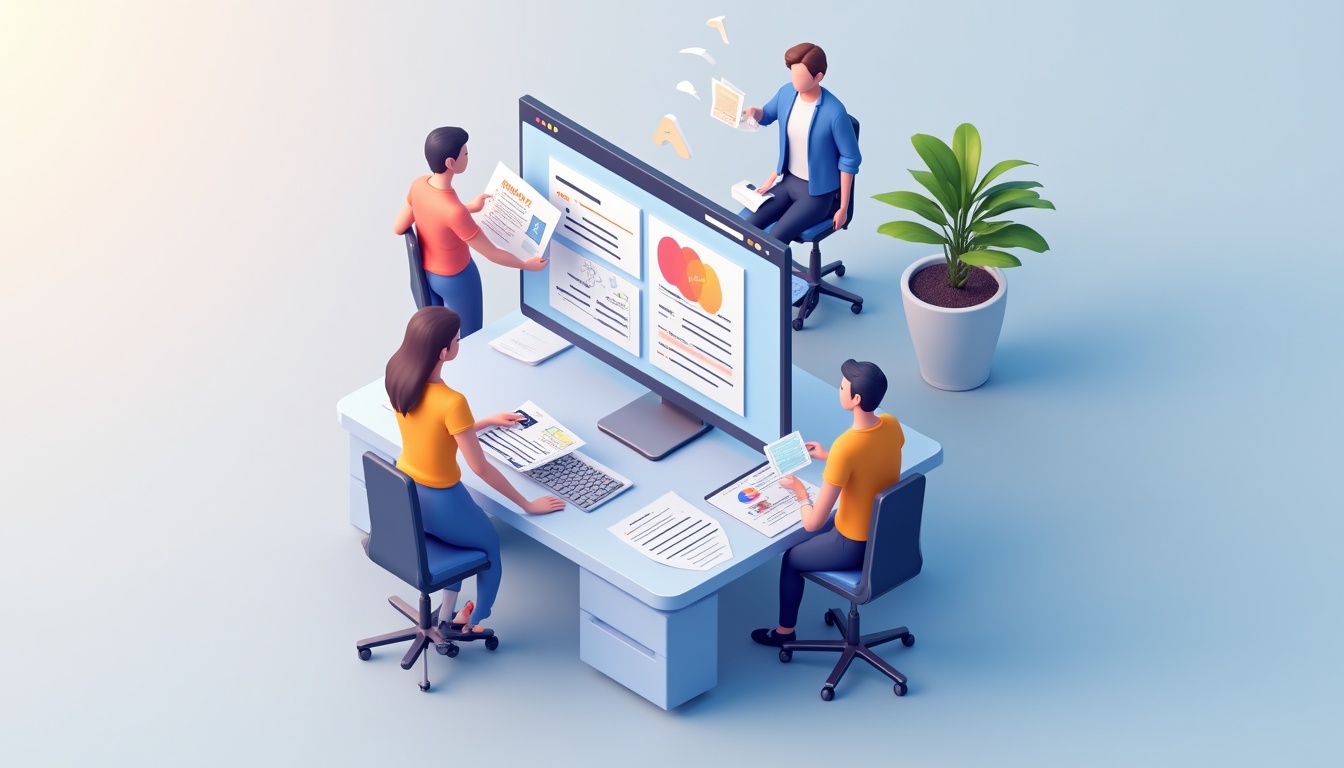 Oameni discutând despre realizare website de prezentare pe un ecran, ilustrând procesul de alegere